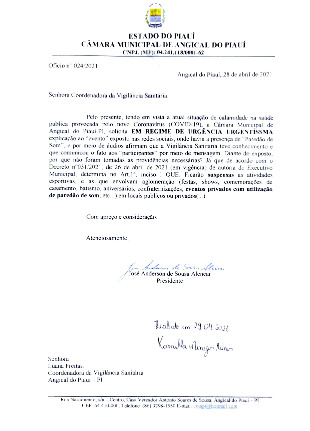 Câmara Municipal de Angical do Piauí solicita explicações à Vigilância Sanitária do município.